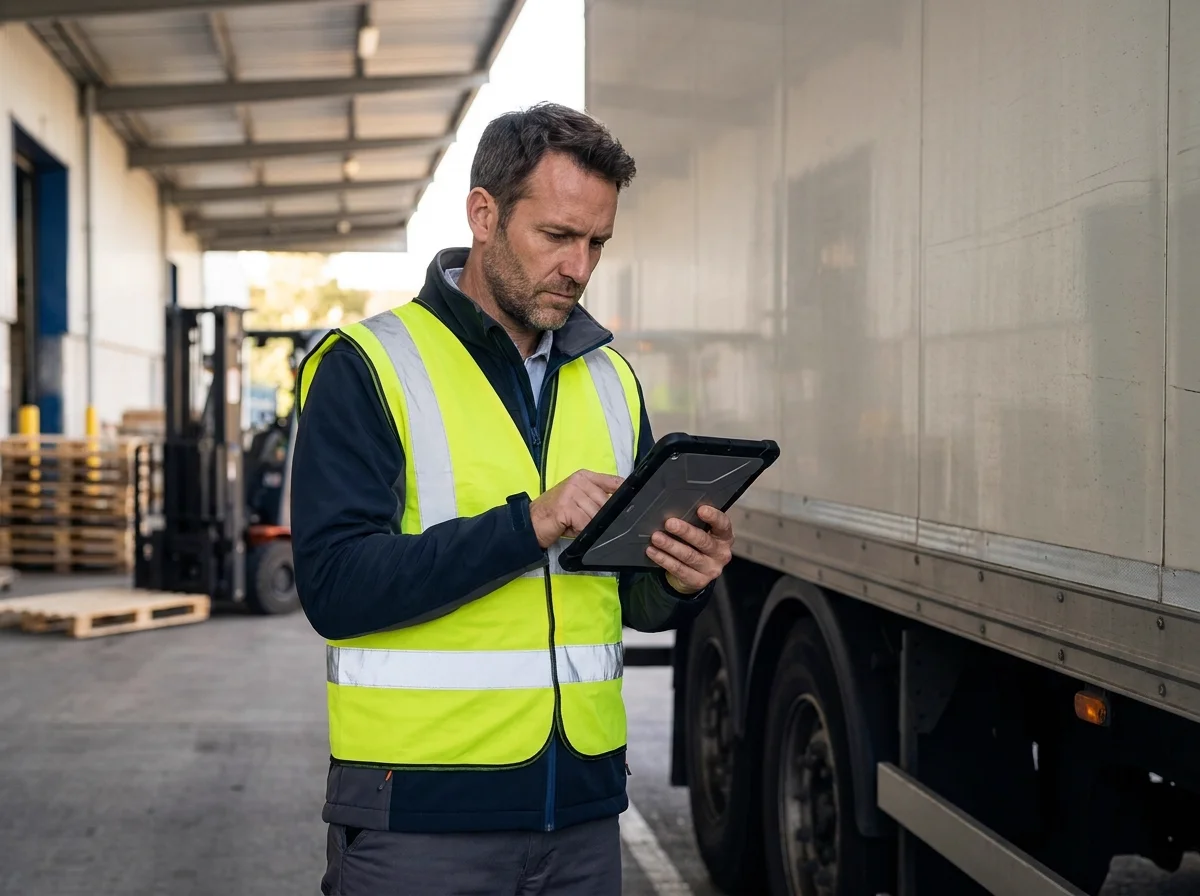 LKW-Fahrer sichert Ladung auf Ladefläche — Betriebshaftpflicht für Transport und Logistik