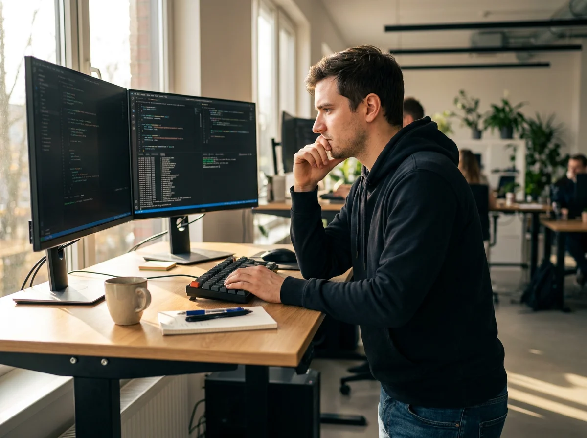 KI-Entwickler analysiert Modellergebnis am Bildschirm — Cyberversicherung und Betriebshaftpflicht für KI-Unternehmen