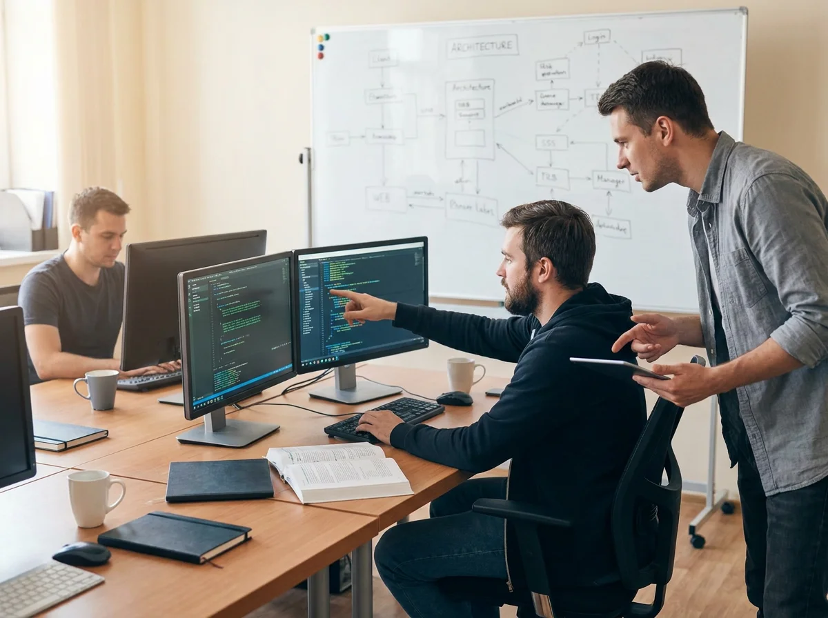 Softwareentwickler schreibt Code am Laptop — Cyberversicherung und IT-Haftpflicht für Softwareunternehmen