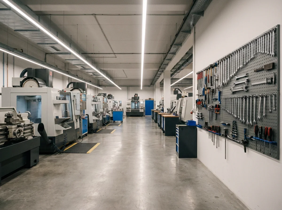 Ingenieur kontrolliert Maschinenanlage in Fertigungshalle — Produkthaftpflicht Maschinenbau